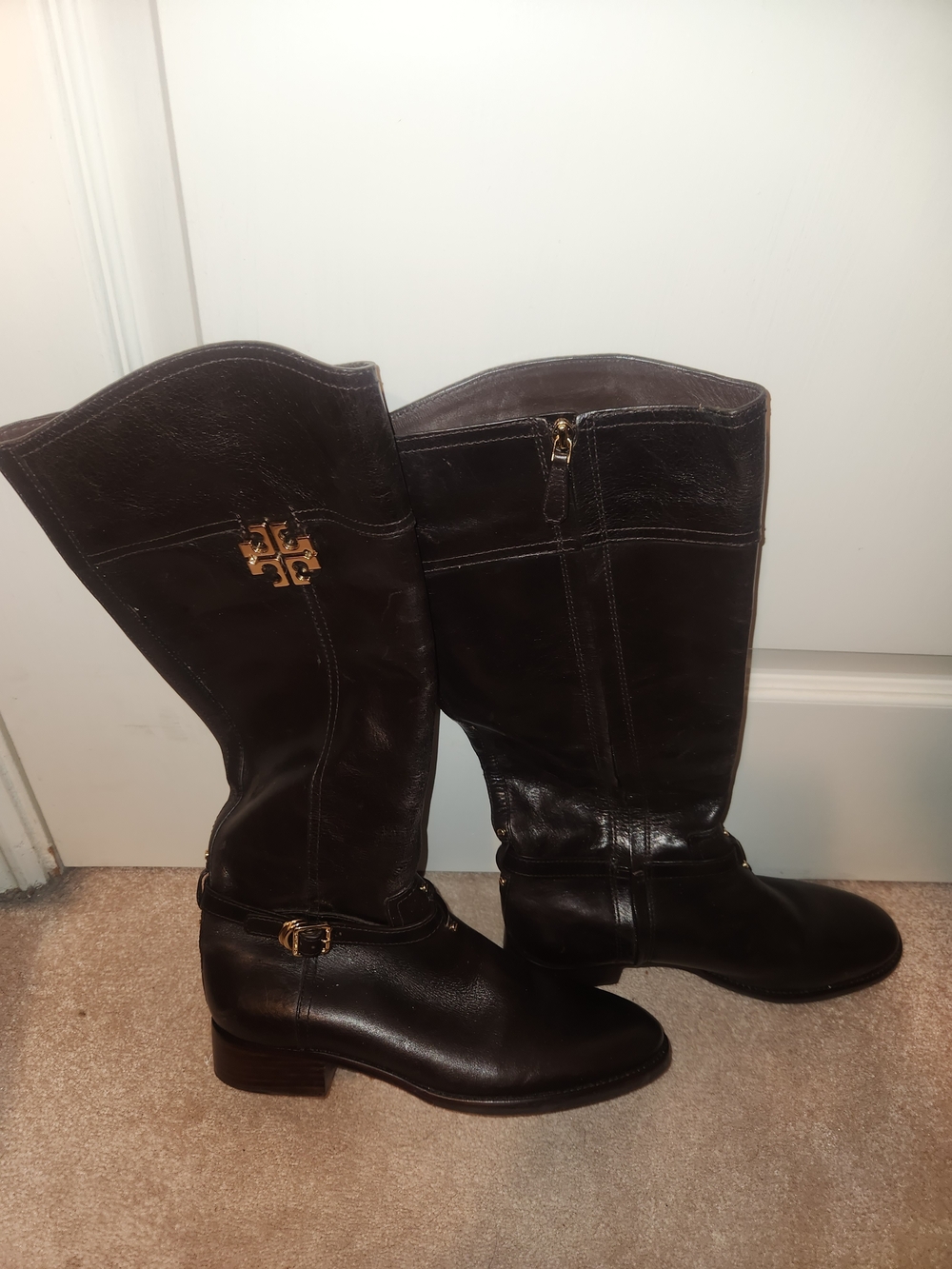 Tory Burch Dark Brown Leather Knee Boots with Gold Logo